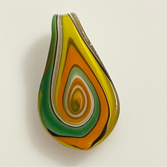 Handblown Artisan Oval Yellow Green Orange Fall Art Lampwork Glass Pendant - Picture 2 of 15